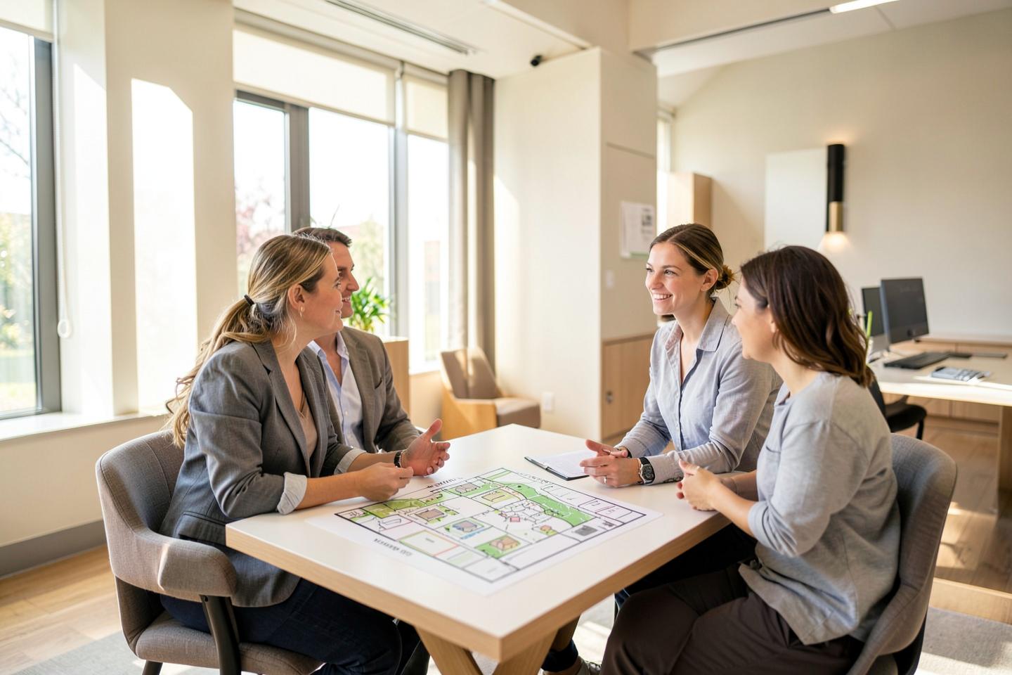 New home sales professionals reviewing a community site plan with prospective buyers in a bright sales center